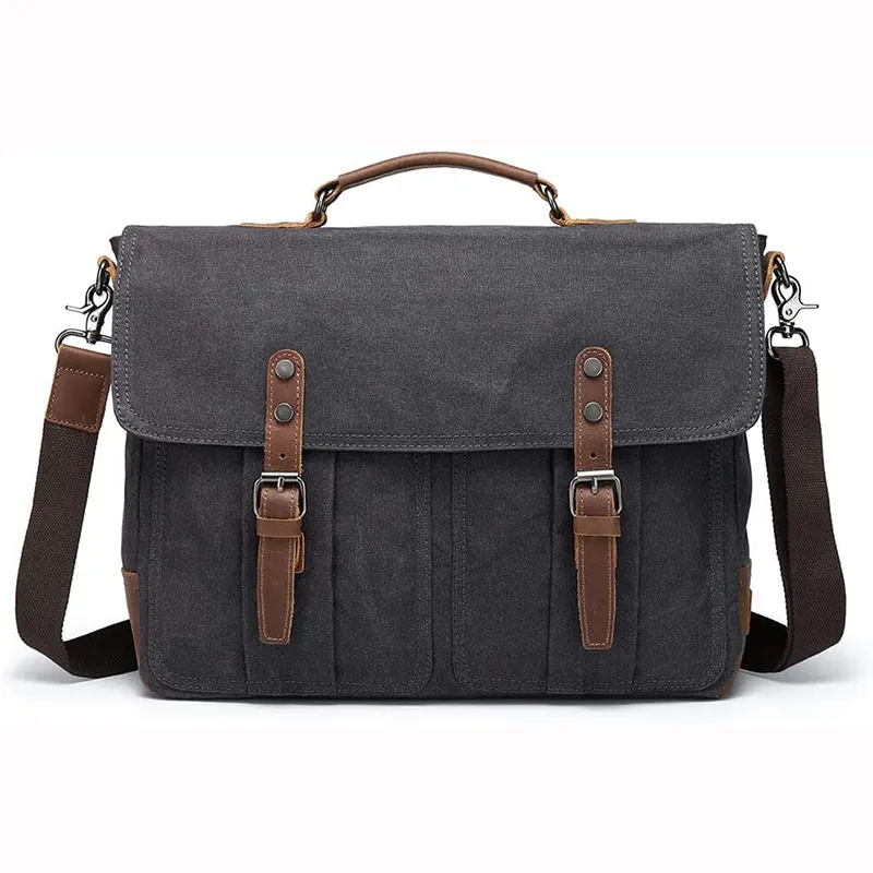 Mens Briefcases Messenger Bag Vintage Leather Waxed Canvas Waterproof Shoulder Bag For 15.6 Inch Laptop Bag