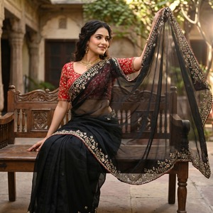 Traditional Pure Fandy Satin <b>Saree</b> Sequence Cut Work Border Readymade Contrast <b>Blouse</b> for Women Party Wear Quick Dry BestPrice - Product Image 3