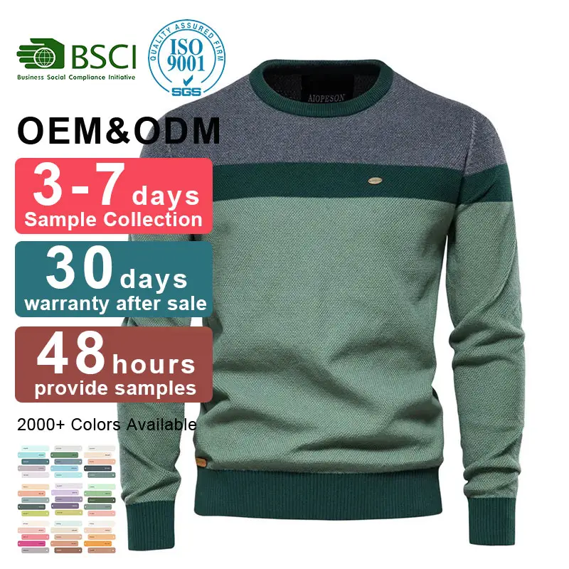 OEM & ODM Sweater kustom bergaris pria disambung lengan panjang rajut sweter kasual leher bulat