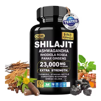 Capsules d'Ashwagandha et de Shilajit végétalien pour hommes, supplément à base de plantes avec mousse de mer, graines noires, curcuma et crinière de lion, offre OEM