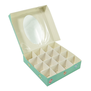 Boîte cadeau personnalisée en papier d'art gaufré bleu pour bonbons, biscuits et confiseries, avec fenêtre 16 trous, pour annonce de naissance et festival de Pâques - Product Image 3