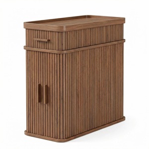 Table de chevet avec rangement et station de charge, style moderne du milieu du siècle, table d'appoint avec portes coulissantes, table de chevet en bois avec armoire - Product Image 6
