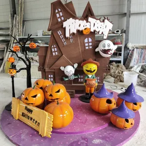 Halloween Tuin Glasvezel Hars Pompoen Sculpturen Gigantische Pompoen Rijtuig 3d Led Decoratie