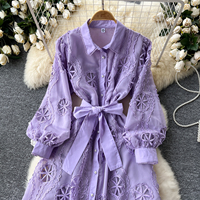 Robe midi décontractée pour femmes, élégante, en dentelle brodée, col chemise, manches longues, ceinture, coupe évasée, pour tous les jours et les soirées