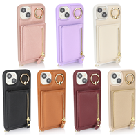 Casing Ponsel Dompet Kulit Elektroplating untuk iPhone 15, Anti Benturan, Tali Selempang, Tempat Kartu, Kantong Koin Resleting, Penyangga Cincin