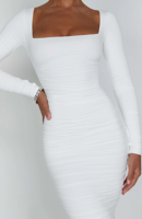 Nueva llegada de noche mujer de manga larga cuello cuadrado fruncido Formal fiesta abrigo Midi vestido