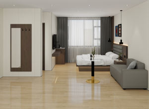 Juego de Muebles de Dormitorio Modernos de 3 Estrellas para Hotel, Cama King Size con Base de Madera, Cabecera Tapizada, Mesitas de Noche, Armario y Mueble para TV - Product Image 4