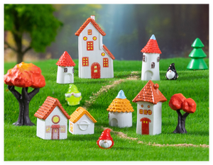 Statuette de jardin pour enfants, thème conte de fées, amour religieux, en résine, style rétro européen, avec cheminée en briques rouges et arbre artificiel - Product Image 4