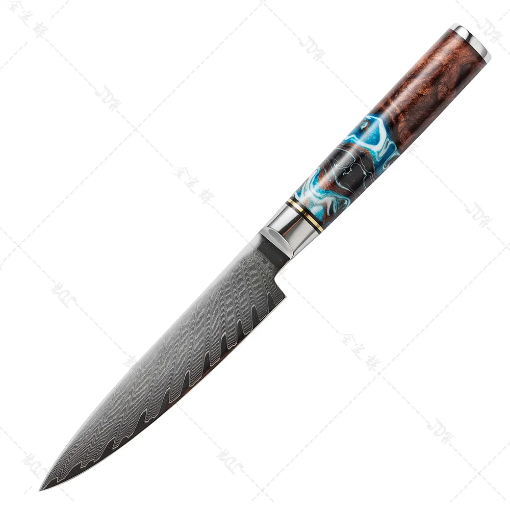 Pisau utilitas 5 inci Damaskus pisau dapur 67 lapisan baja Damaskus dengan Resin dan gagang kayu cokelat