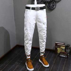 <span class=keywords><strong>Jean</strong></span> tendance style europé<span class=keywords><strong>en</strong></span> brodé et perforé pour <span class=keywords><strong>homme</strong></span>, coupe slim, décontracté, style motard, pantalon long 100% polyester - Product Image 5