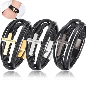 Pulsera magnética cruzada personalizada para hombre, accesorios de joyería de cuero, pulsera de cuero de acero inoxidable