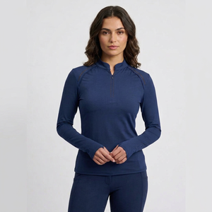 <b>Women's</b> <b>Navy</b> Blue Long Sleeve Quarter Zip Compression Sport <b>Top</b> Knitted Spandex Polyester Quick Dry Solid Color Base Layer - Product Image 1