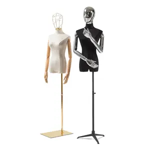 Bridal Store Wedding Dress Display Wire Metal Gold Chrome Silver Mannequin Head Velvet Half Body Adjustable Female Mannequin