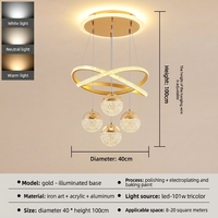 Lámpara Colgante LED Moderna Dorada para Salas de Estar, Lámpara de Araña Minimalista con Anillo de Cristal, 4 Esferas, Altura Ajustable, Inalámbrica