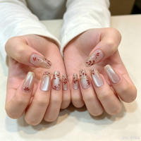 24 faux ongles à presser, rose nude, effet œil de chat, feuille de feuille d'or rouge, forme amande moyenne, réutilisables, élégants, style chinois, luxe léger