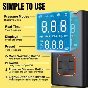 Compressore d'Aria Portatile Smart Senza Fili da 4000mAh, Ricaricabile, con Cilindro ABS da 19mm, Manometro Digitale, Pompa per Biciclette e <span class=keywords><strong>Auto</strong></span>, 150 PSI, Spegnimento Automatico - Product Image 2