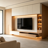 Meuble TV mural haut en chêne crème, design flottant, avec éclairage LED intégré, pour villas et projets personnalisés