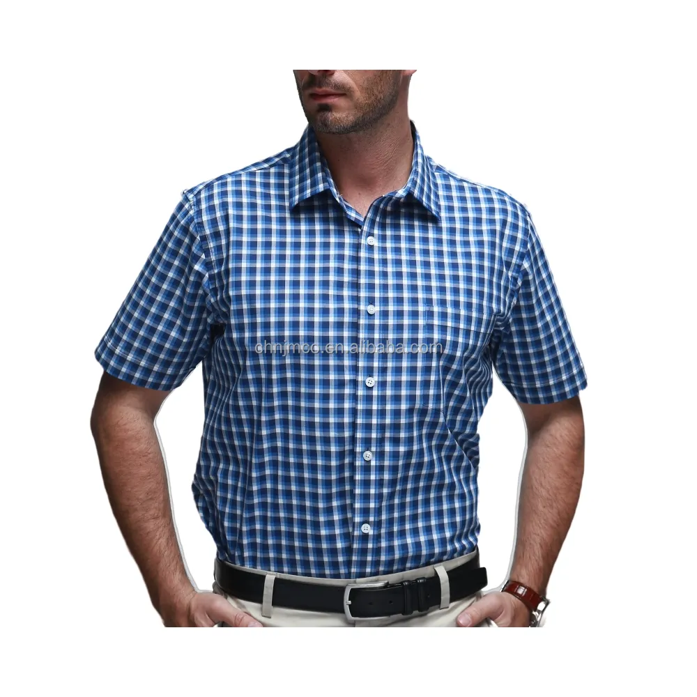 Oeko-Tex standard 100 Wholesale Custom Check Casual 100% Cotton Summer Stand Collar Short Sleeve Men's Dress Shirt