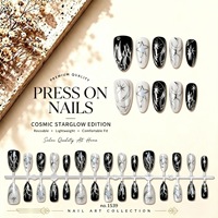 30 faux ongles gothiques faits à la main, forme amande moyenne, avec papillons 3D, étoiles argentées et motifs irréguliers, prêts à poser, style punk noir