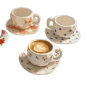 Classic Retro Ins Flower Pink Ceramic Tea <b>Cup</b> and Saucer <b>Set</b> Hand-Kneaded Asymmetrical Dessert Bowl and Mug for Coffee and Tea - Product Image 1