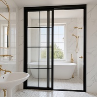 Porte de séparation à charnières en verre cannelé style français, simple couche, trempée, battante, grille noire, pour intérieur, salle de bain, salon