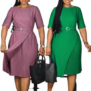 Robe de bureau élégante pour femme, tendance été, taille haute, plissée, manches mi-longues, coupe midi trapèze, unie, imprimée numériquement ou teinte unie - Product Image 3