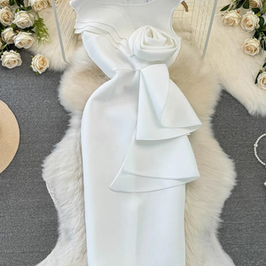 Abito da sera elegante e raffinato da donna, con fiori 3D, senza maniche, scollo rotondo, vita <span class=keywords><strong>aderente</strong></span>, lunghezza media, modello bodycon. - Product Image 1