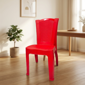 Chaise de salle à manger en rotin plastique rouge empilable avec dossier tressé moderne sans accoudoirs, mobilier de salle à manger - Product Image 1