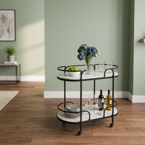 Minimalist Double Tier Utility Cart With Wheels Round Metal Storage <b>Rack</b> For Kitchen Tableware - Product Image 4