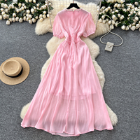 Robes midi élégantes d'été pour femmes, manches bouffantes, bordure en perles, taille froncée, robe longue fluide