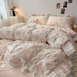 Set di Biancheria da Letto in Cotone Stile Pastorale Coreano con Rose <span class=keywords><strong>Rosa</strong></span>, <span class=keywords><strong>Copripiumino</strong></span> a Doppio Strato con Volant e Pizzo Traforato - Product Image 2