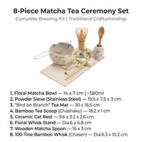 Ensemble cadeau de thé matcha Kingze élégant et floral, 8 pièces, bol à matcha en céramique avec fouet en bambou, pour cadeau d'entreprise, logo personnalisé