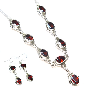 Red Garnet 925 Sterling Silver Necklace <b>Earrings</b> Set Oval Bezel Setting Women's Vintage Party Jewelry Elegant Statement Set Gift - Product Image 1