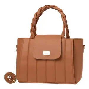 Bolso Tote para Mujer Fana Kaira, Color Camel, Asa Trenzada, Bolso Casual de Lujo con Forro de Cuero y Material Metálico - Product Image 3