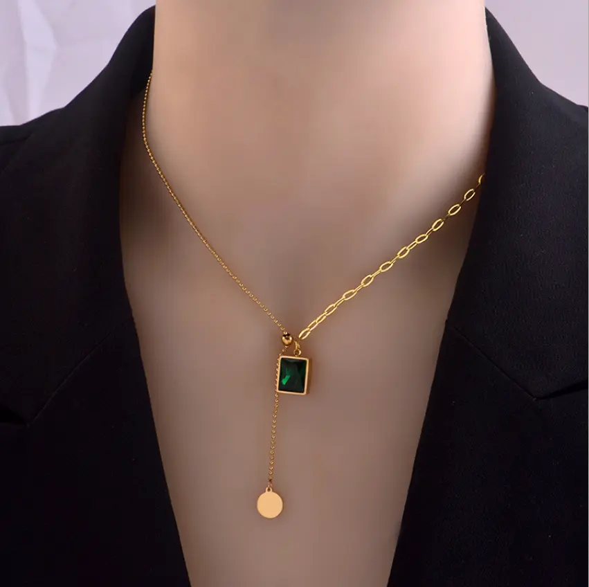 Fashion Gold-plated Green Crystal Pendant Necklace Square Emerald Stainless Steel Tassel Necklace For Women