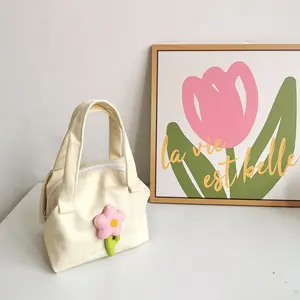 Latest Fashion Flower Handbag Fresh And Sweet Canvas Portable Storage Unisex With 2 Handles And Embroidery