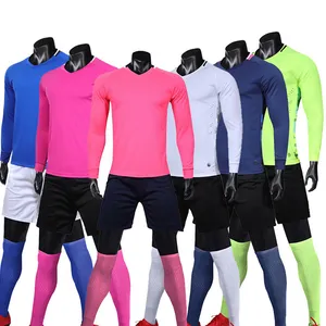 Custom logo man breathable V-neck long sleeves t shirt and shorts soccer tracksuit thin micro-elasticity football training wear