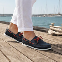 Mocassins de bateau pour hommes en cuir véritable huilé bleu marine, personnalisables avec logo, cousus main, style slip-on, pour la navigation, vente en gros