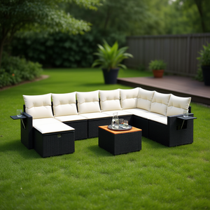 Set di divani da giardino in polyrattan nero da 8 pezzi con cuscini, mobili da giardino, posti a sedere all'aperto, design contemporaneo - Product Image 2