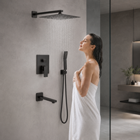 Ensemble de douche mural moderne noir mat en laiton encastré avec fonction pluie, douchette à main et bec de baignoire – Vente en gros