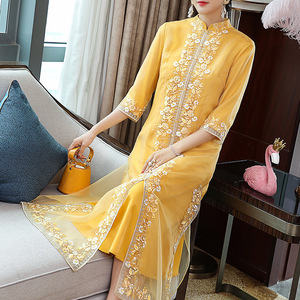 Vestido de Estilo Retro Chino, Amarillo, con Cuello Alto, Bordado, Manga Larga, Vestido de Noche, Vestido Informal para Mujer, Tallas XS, S, M, L, XL, XXL - Product Image 1