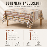 Nappe carrée/rectangulaire bohème imperméable Eloria, imprimé géométrique ethnique, résistante à l'huile, antidérapante, vente en gros OEM ODM