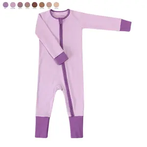 Vendiendo bien pijamas de bambú mameluco acanalado con cremallera en púrpura onesie ropa de dormir mameluco de bebé al por mayor ropa de bebé de Bambú