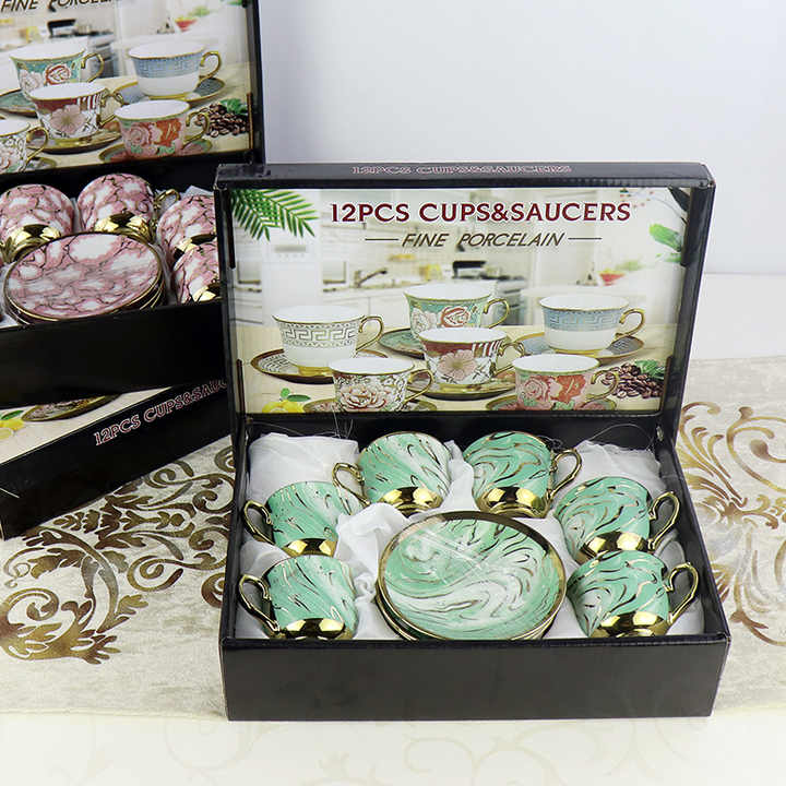 European Style Ceramic Coffee Cup Plate Set Middle East Gift Electroplating 6 Cups 6 Plates Gift Box Sales Activity Cup Plate