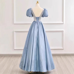 Blue V-neck Satin Ball Gown Empire Waist Haze Blue Vintage Evening Dress For Adult Birthday Parties Hostess - Product Image 4