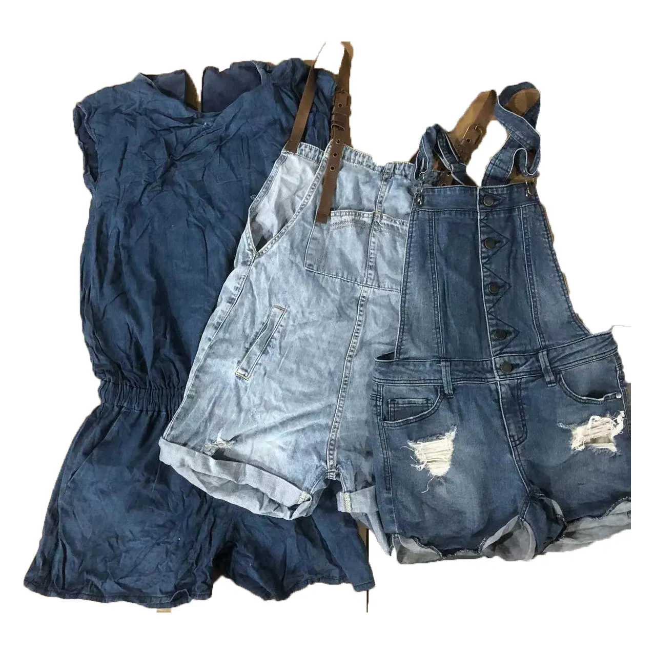 vintage suspender denim pants second hand clothes cargo multi pocket jumper jeans used pants for ladies