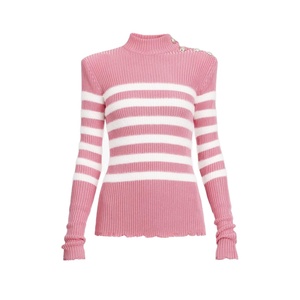 Bottoni dorati personalizzati da <span class=keywords><strong>donna</strong></span> decorati con maglione lavorato a <span class=keywords><strong>maglia</strong></span> a righe bianche e rosa - Product Image 2