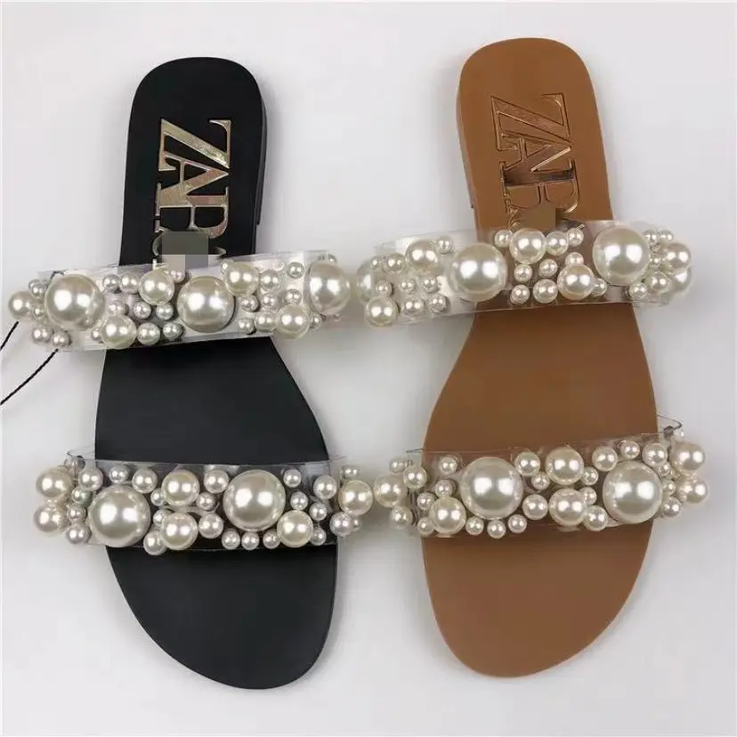 2023 Summer New Women's Slides Slippers Pearl Inlaid Transparent Sandals Flats Hot Lady Fashion Shoes Sandals Large Size