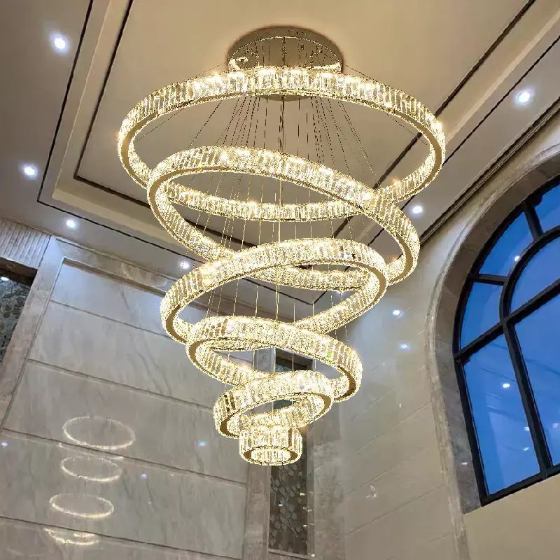 China Round High Ceiling Staircase Gold Large Led Luxury Pendant Light Modern K9 Crystal Chandeliers