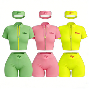 Completo Estivo da <span class=keywords><strong>Donna</strong></span> in 3 Pezzi, Set Personalizzato per Allenamento, Giacca con Zip a Manica Corta e Pantaloncini, Tuta Sportiva per Donne - Product Image 2